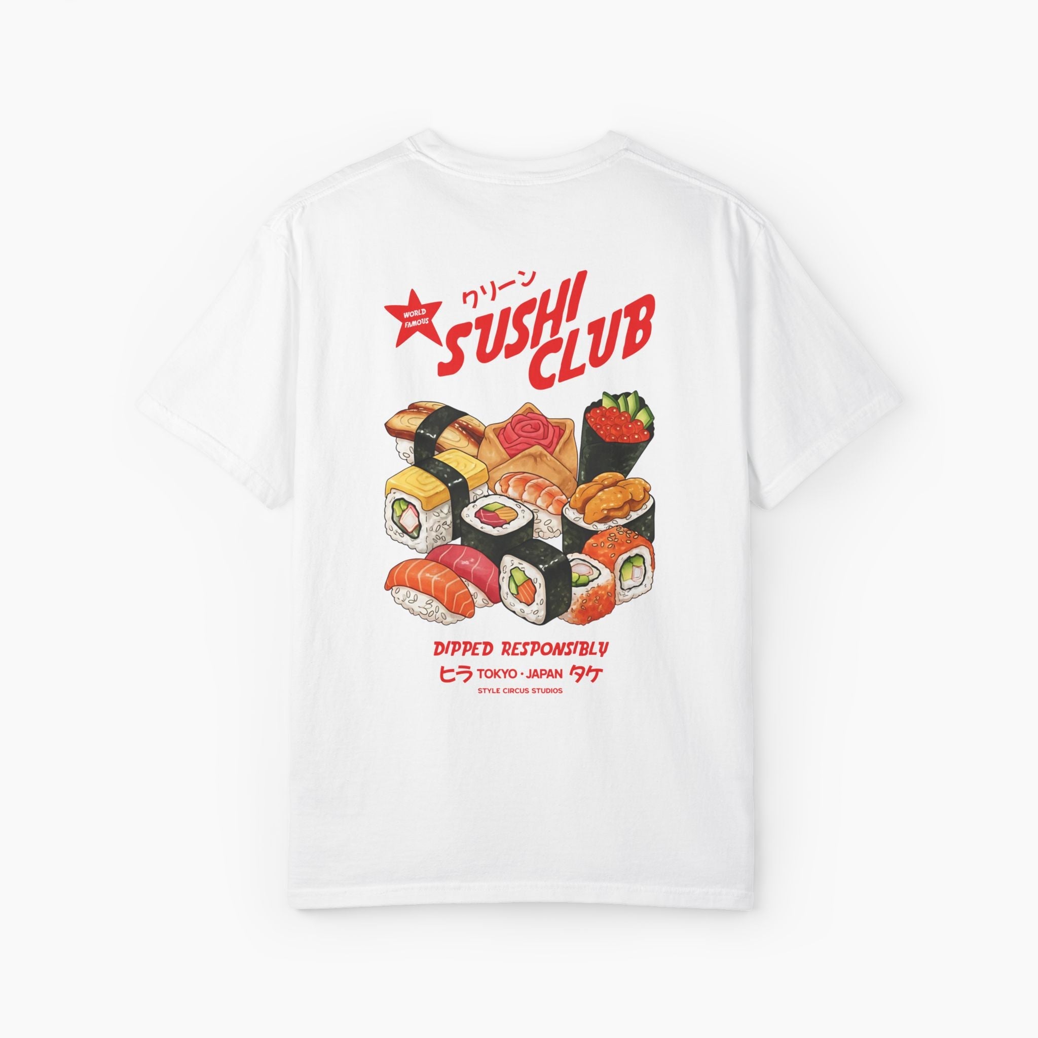 White t-shirt with sushi design and 'Sushi Club' text on a white background