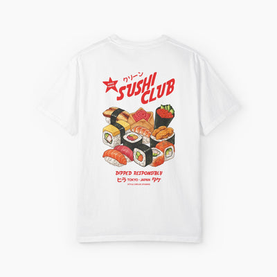 White t-shirt with sushi design and 'Sushi Club' text on a white background