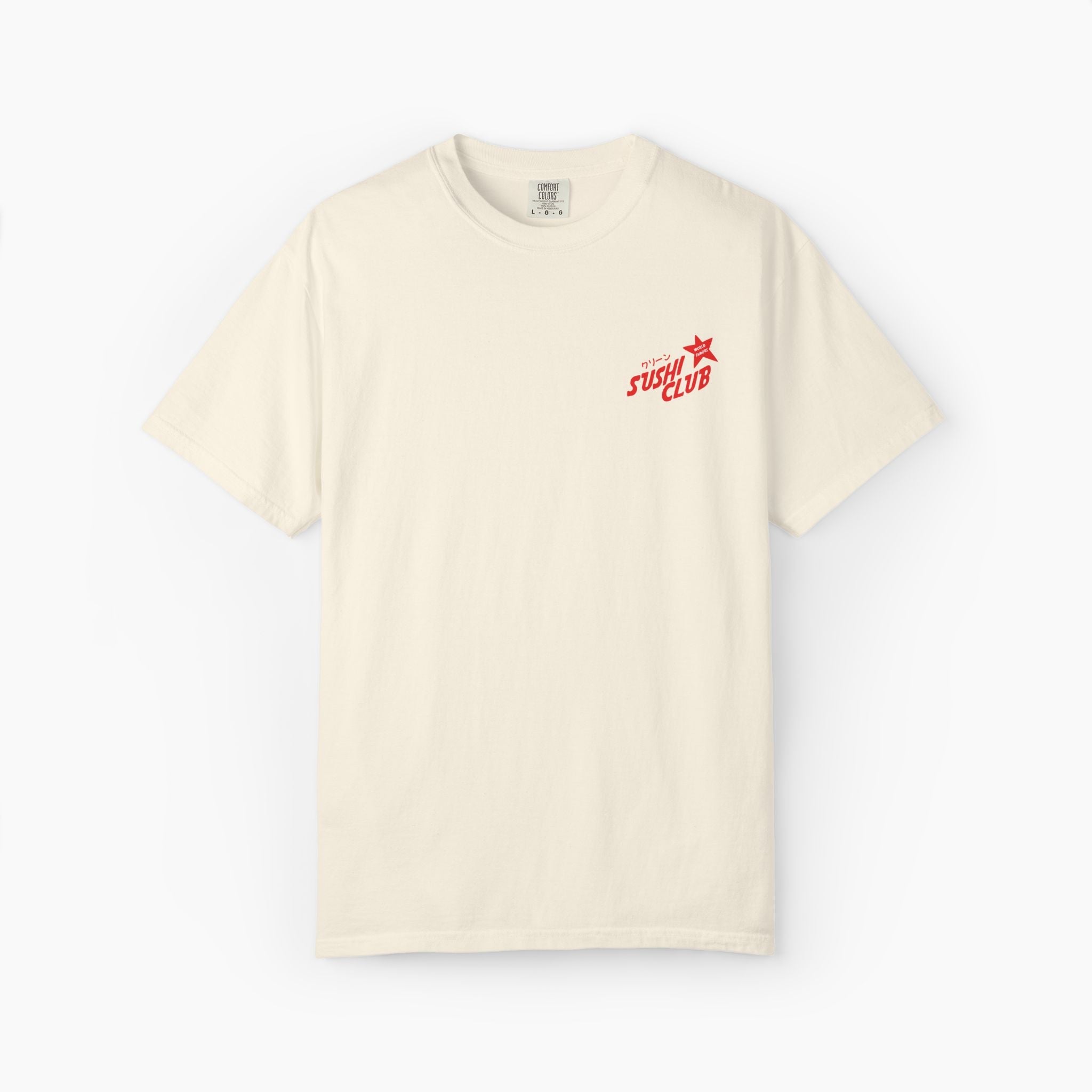 Beige t-shirt with red and black text on a white background
