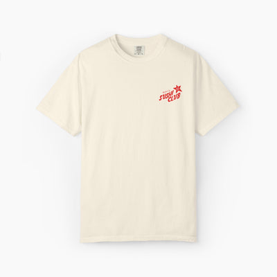 Beige t-shirt with red and black text on a white background