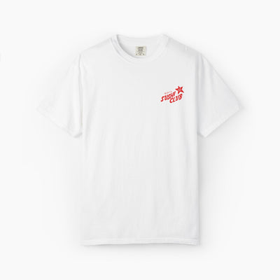 White t-shirt with red and black logo on a white background