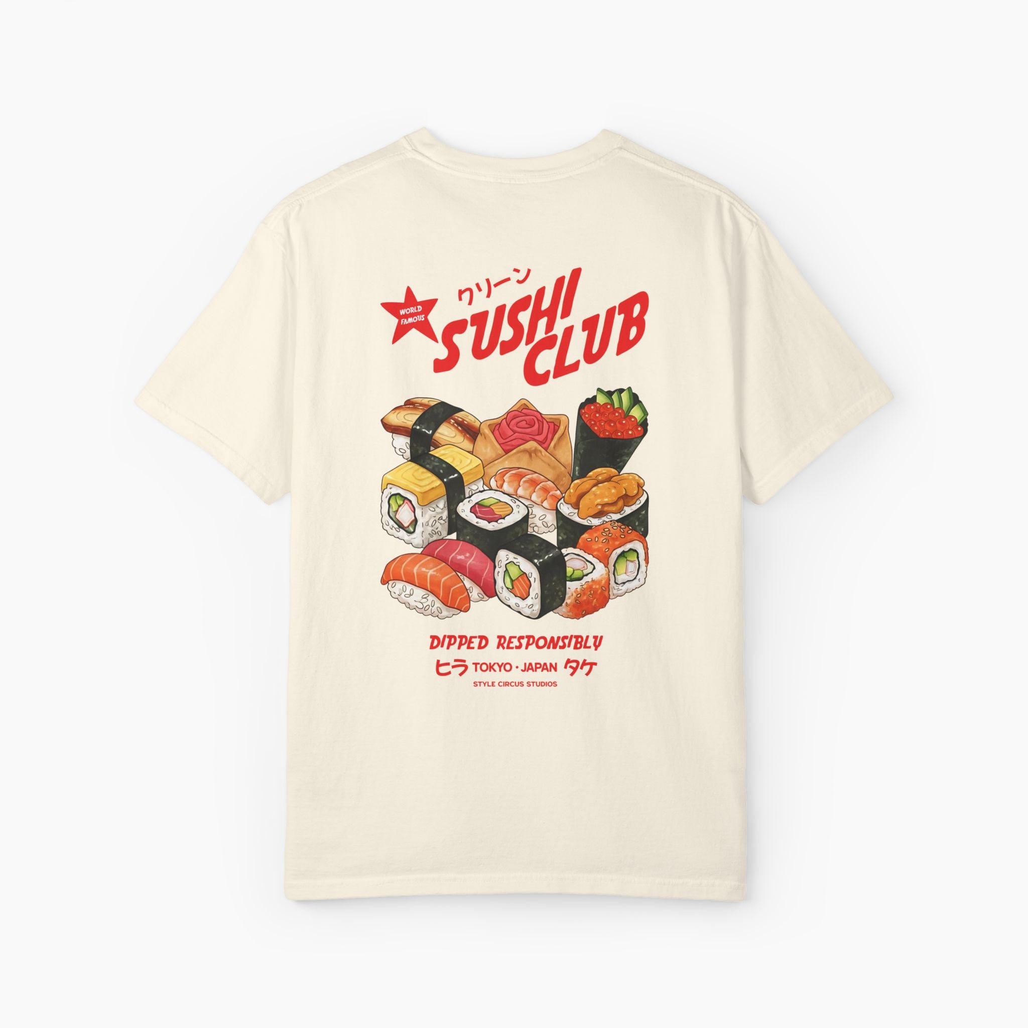 Beige t-shirt with sushi design and 'Sushi Club' text on a white background