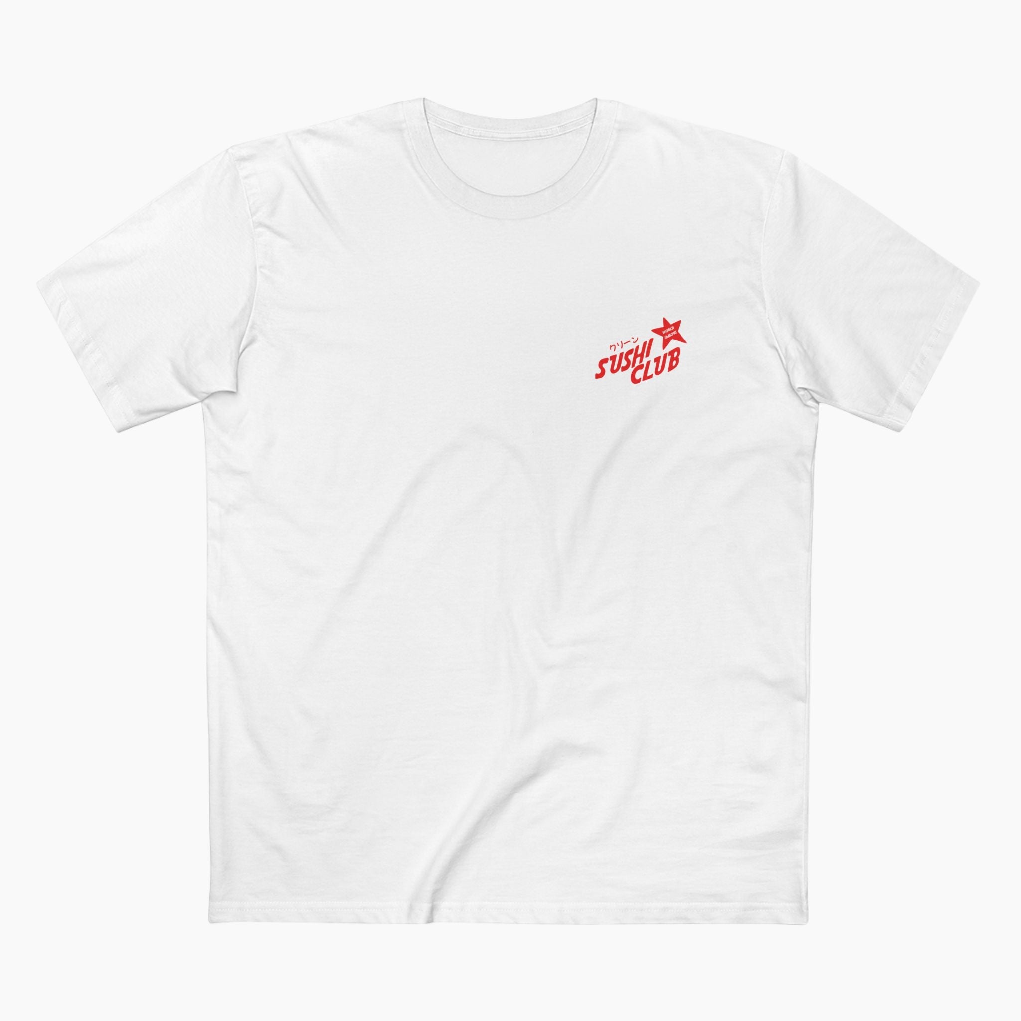 White t-shirt with red 'Sushi Club' logo on a white background