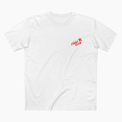 White t-shirt with red 'Sushi Club' logo on a white background