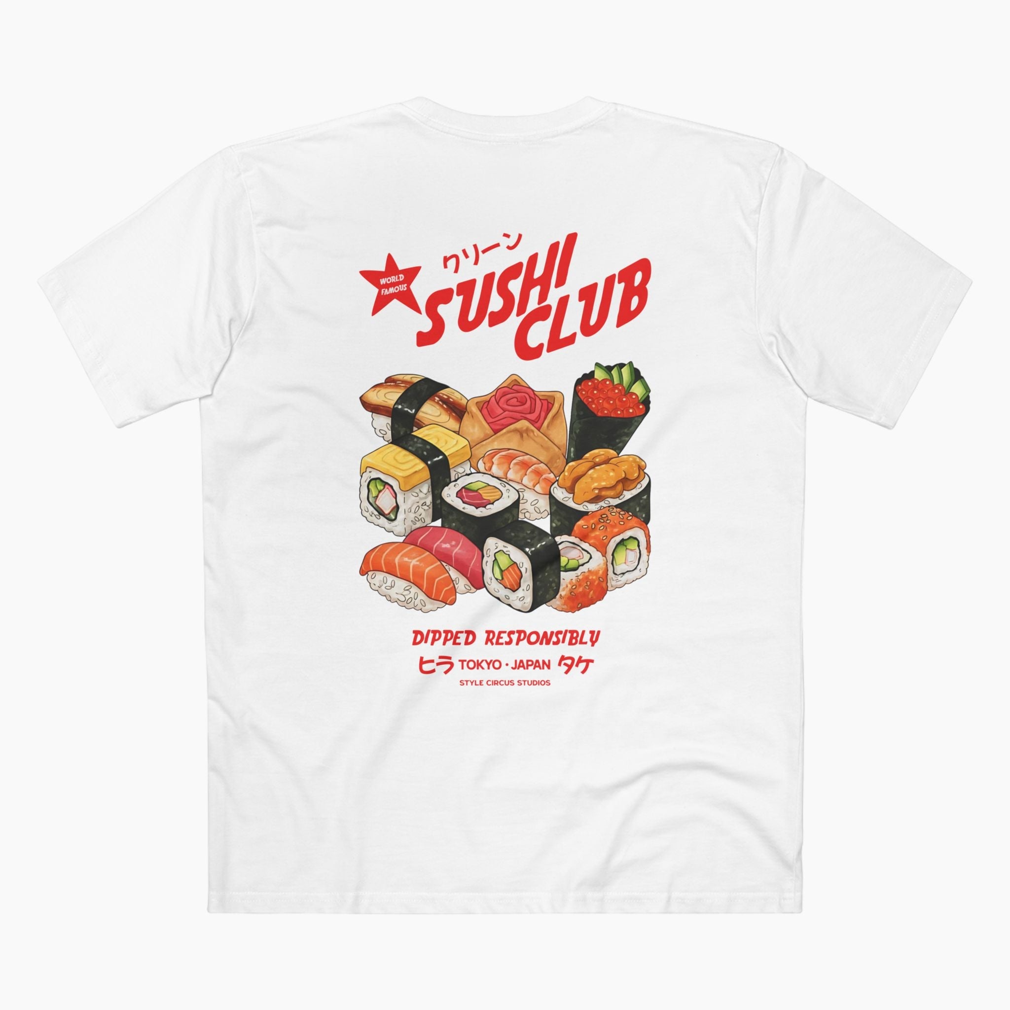 White t-shirt with sushi design and 'Sushi Club' text on a white background