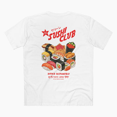 White t-shirt with sushi design and 'Sushi Club' text on a white background