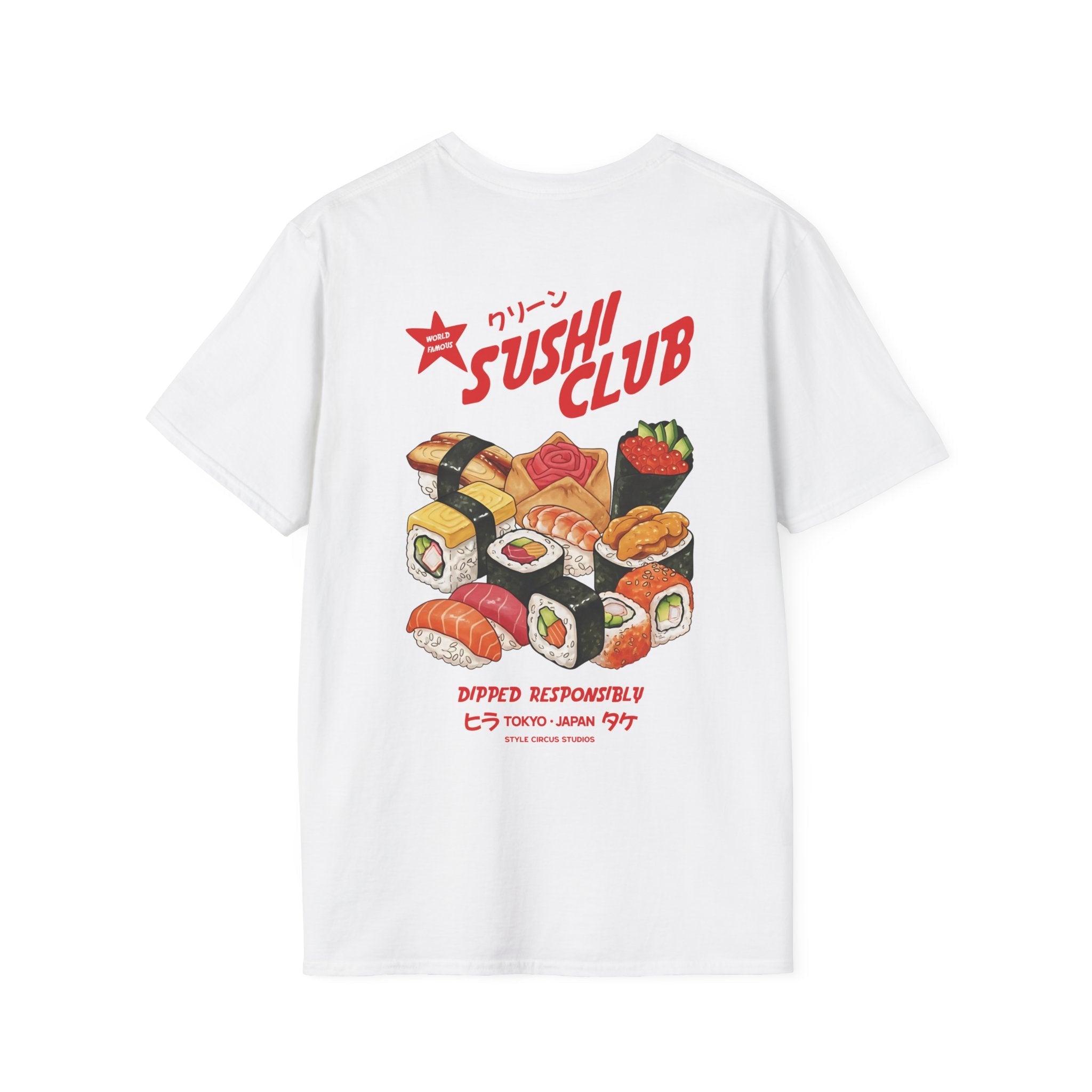 White t-shirt with sushi-themed graphic and 'Sushi Club' text on a white background