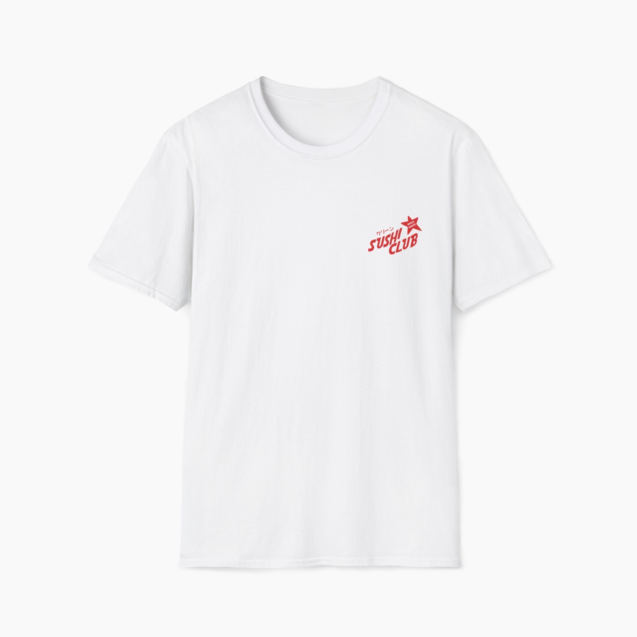 White t-shirt with red 'Sushi Club' logo on a white background