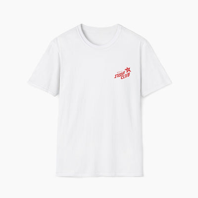 White t-shirt with red 'Sushi Club' logo on a white background
