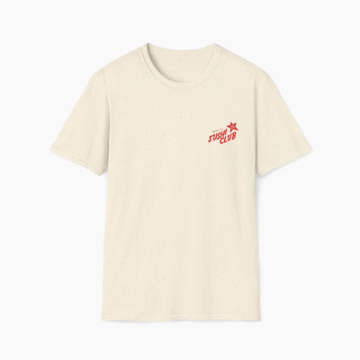 Beige t-shirt with red 'Sushi Club' logo on a white background